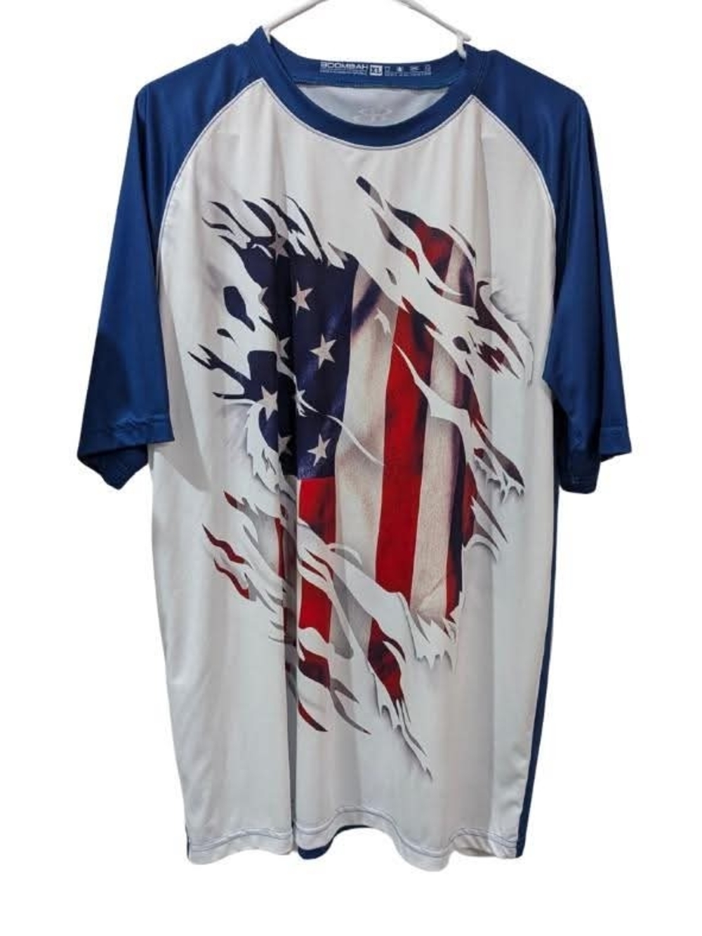 Men's Short Sleeve Raglan Tee with American Flag Graphic - Blue & White